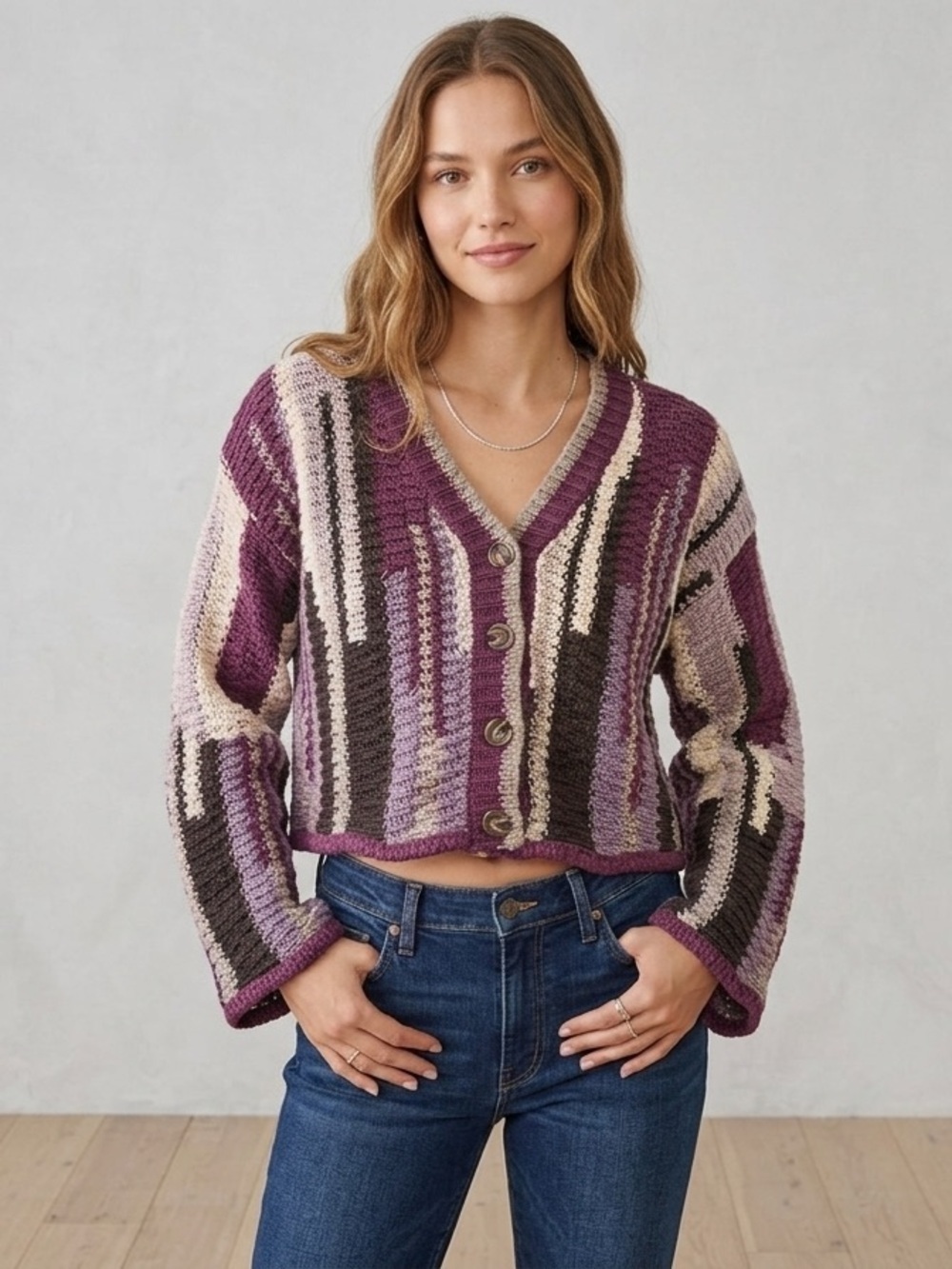 Emory Park Cropped Cardigan S Retro 70s Striped Knit Button Sweater Cozy
